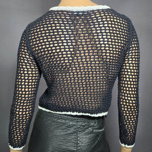 Y2K Black Crochet Fitted Cardigan White Trim Size S Retro Mod Dark Coquette - Picture 9 of 11
